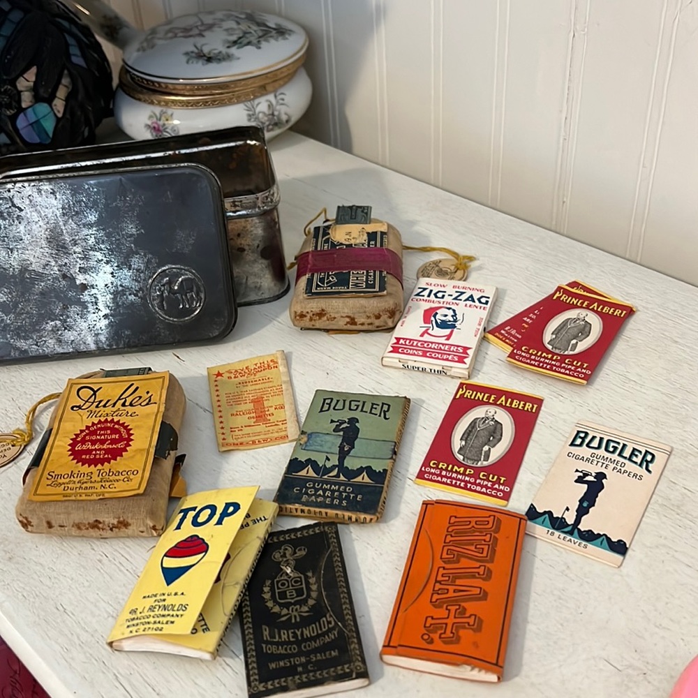 Lot Antique Tobacco 1900-1920 smoking pouches Dukes papers plugs more